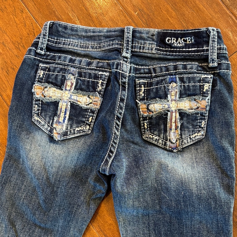 Grace Kids' Dark Blue Jeans with Cross Stitching